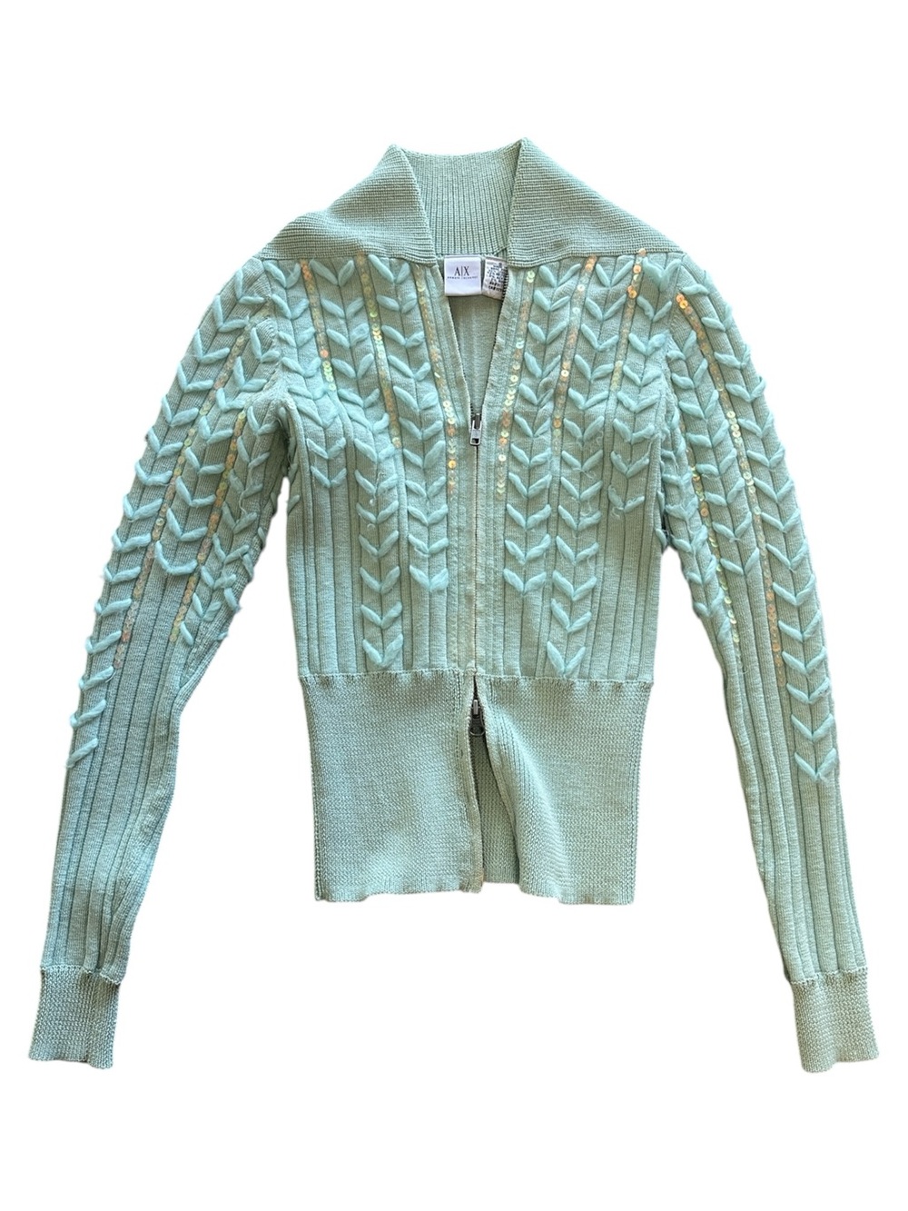 Vintage Y2K Armani exchange sequin teal zip up sweater